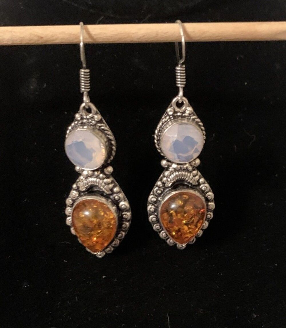 Vintage Sterling Silver Baltic Amber Quartz Dangle Earrings 925 Statement